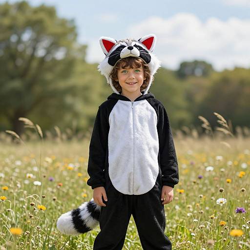 Young boy in black and white raccoon costume with red ears, smiling in sunlit meadow filled with wildflowers and tall grass.