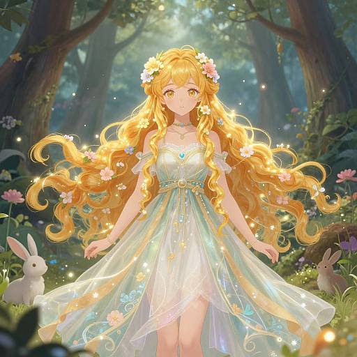 Anime-style digital illustration of a blonde, flower-crowned girl with long, wavy hair, wearing a glowing, translucent dress, surrounded by sparkles