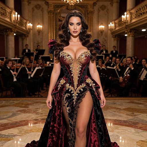 Elegant brunette model in a revealing, gold-embroidered, deep red velvet gown with puffed sleeves, struttes a luxurious ballroom stage