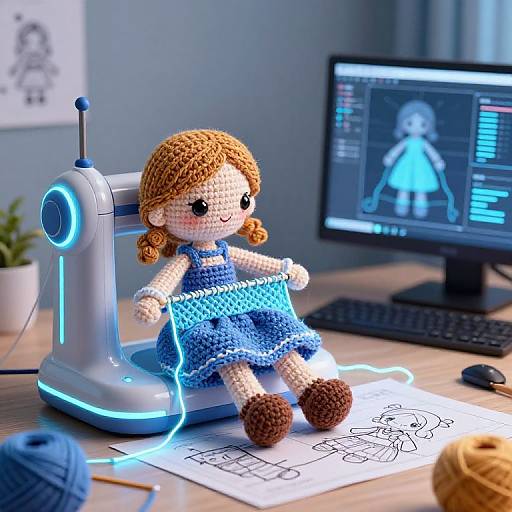 Photograph of a crocheted doll with brown hair, blue dress, and brown shoes, seated on a glowing blue sewing machine, next to a