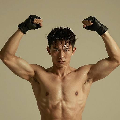 Determined Shirtless Man in Black Gloves