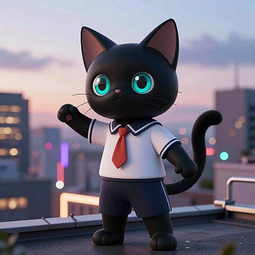 Digital art of a cute, black, cartoon cat with large turquoise eyes, wearing a white sailor shirt and red tie, standing on a rooftop at sunset