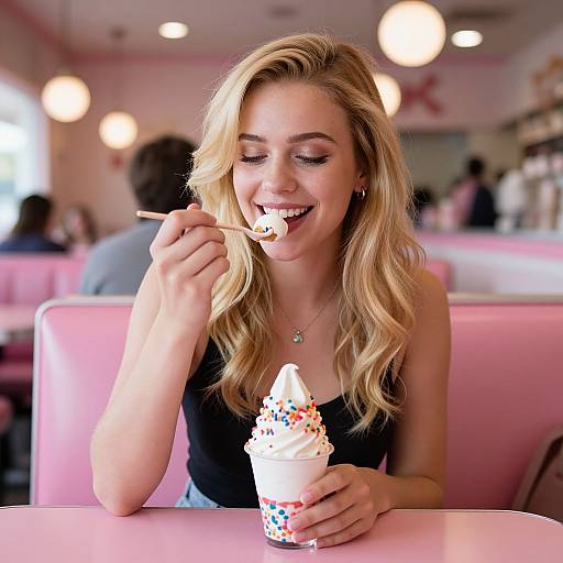 Blonde woman with wavy hair, black sleeveless top, smiling, eating ice cream with sprinkles in pink diner booth. Photographic image.