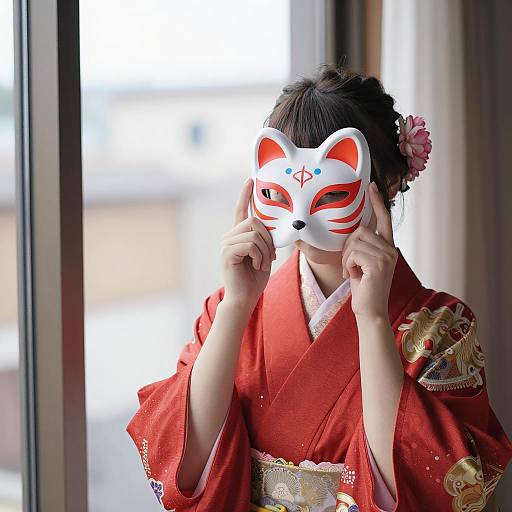 Woman in Red Kimono with Fox Mask