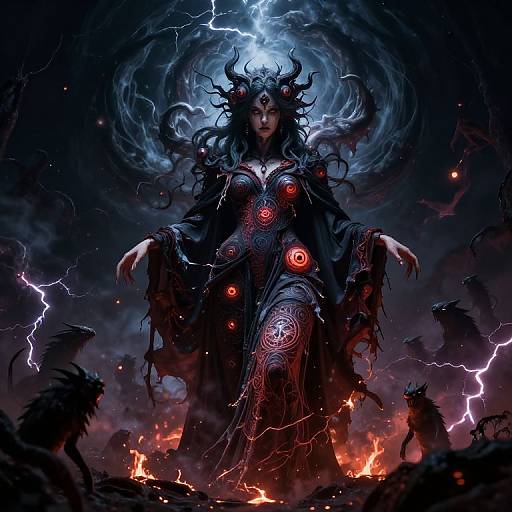 Digital artwork of a dark, mystical sorceress with glowing red eyes, black hair, and intricate robes, surrounded by lightning, demons, and flames