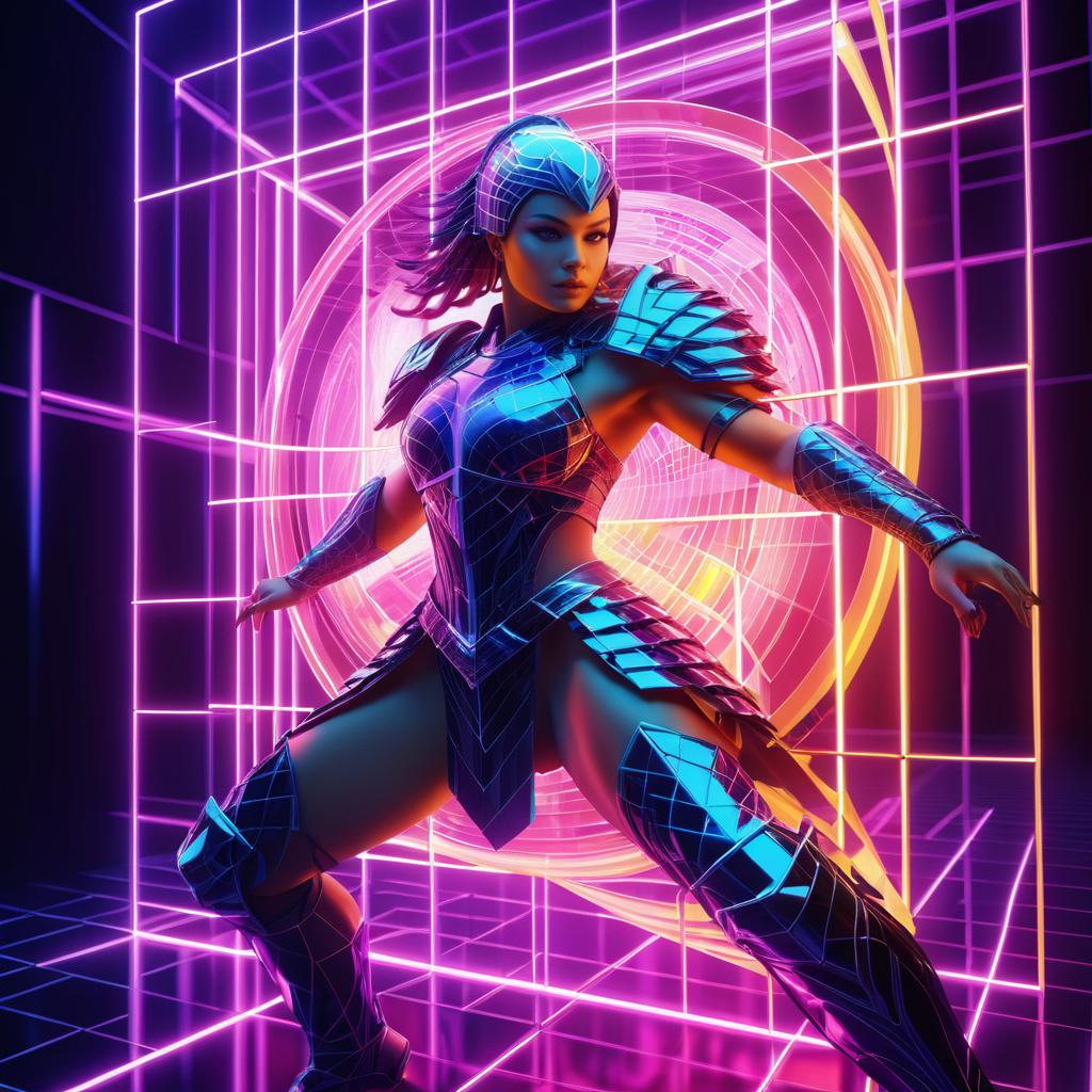 Dynamic Female Warrior in Glowing Grid