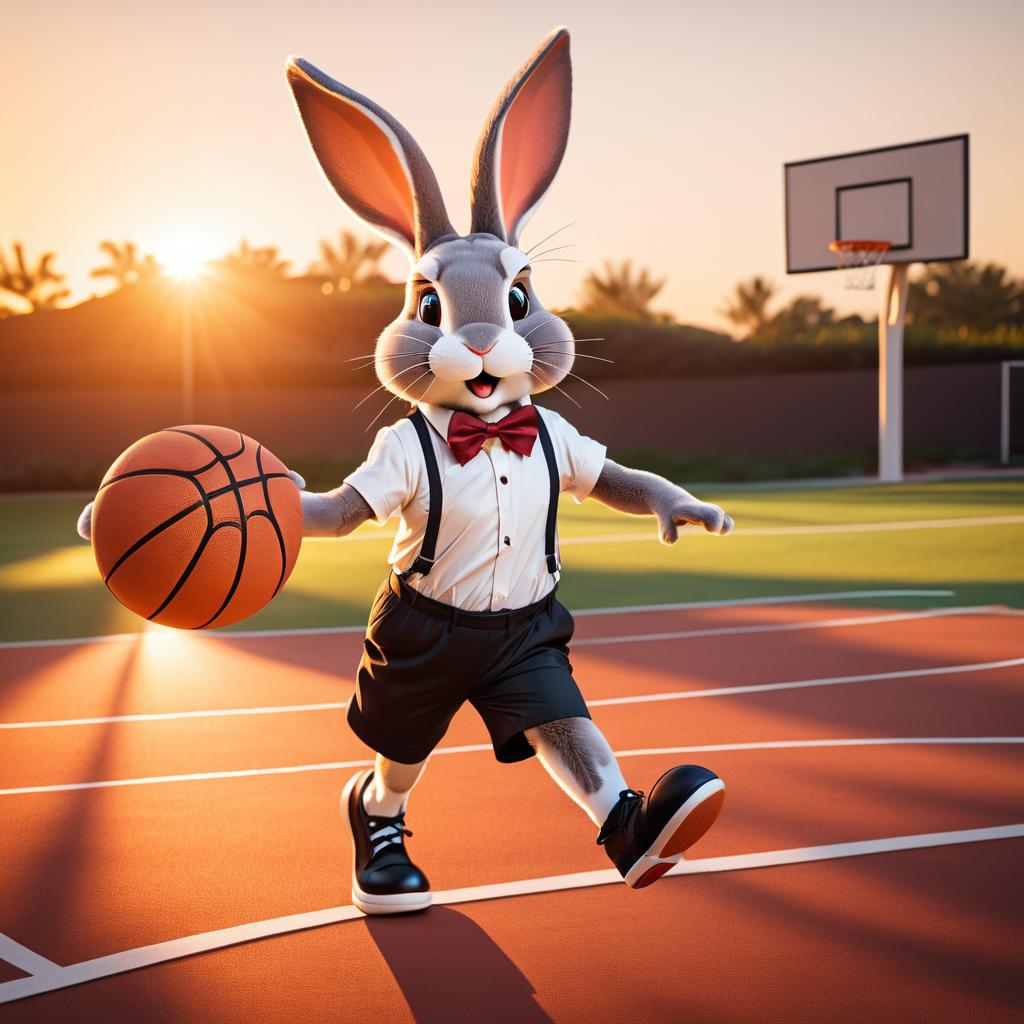 Playful Rabbit in Bowtie Basketball Scene