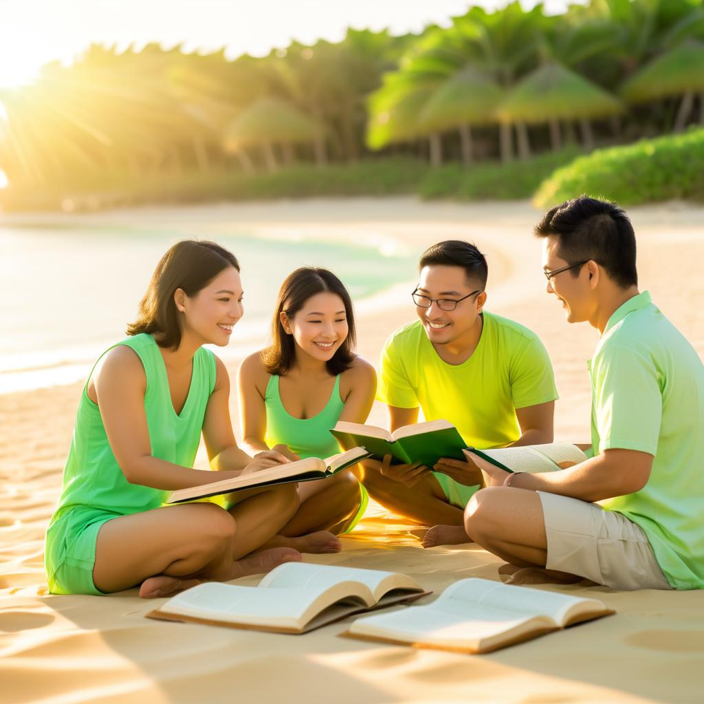 Diverse Friends Studying Bible at Sunset