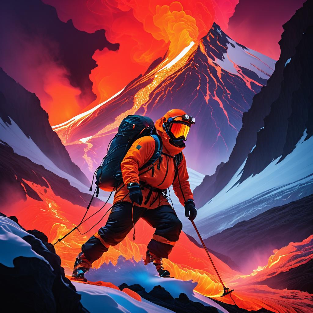 Mountain Climber in Fiery Lava Landscape