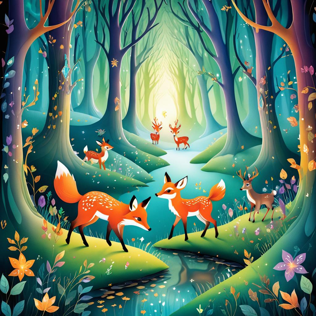 Enchanted Forest: Foxes and Deer Illustration