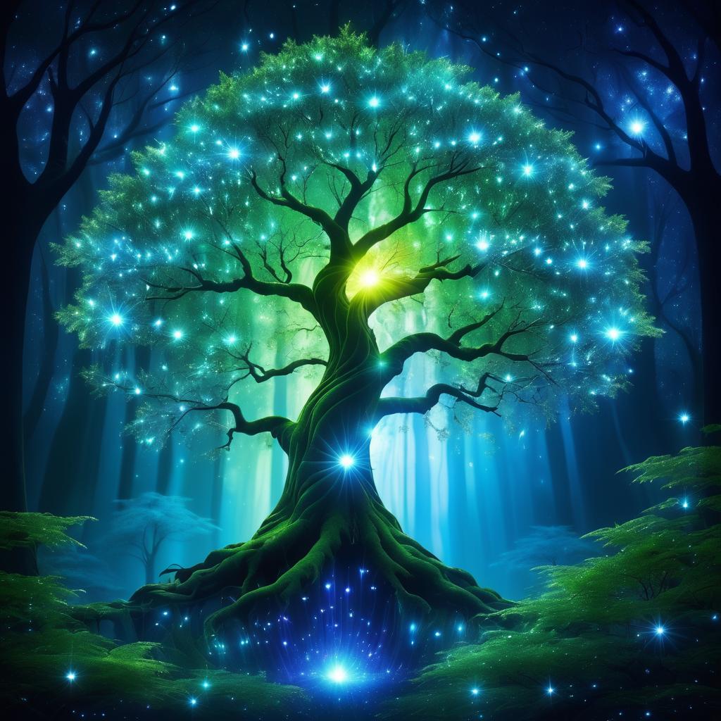 Enchanting Bio-Luminescent Tree in Moonlit Forest