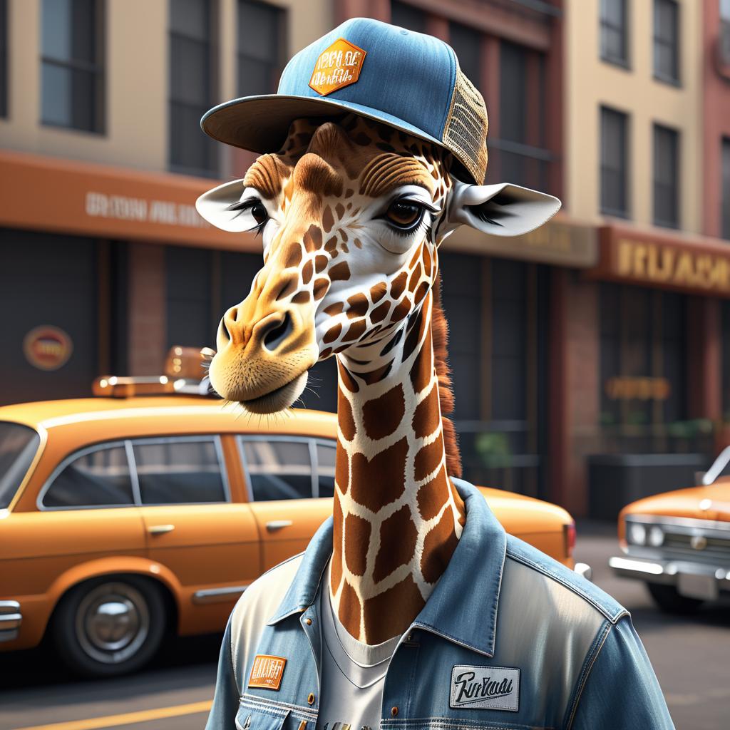 Giraffe in Trucker Hat Urban Scene