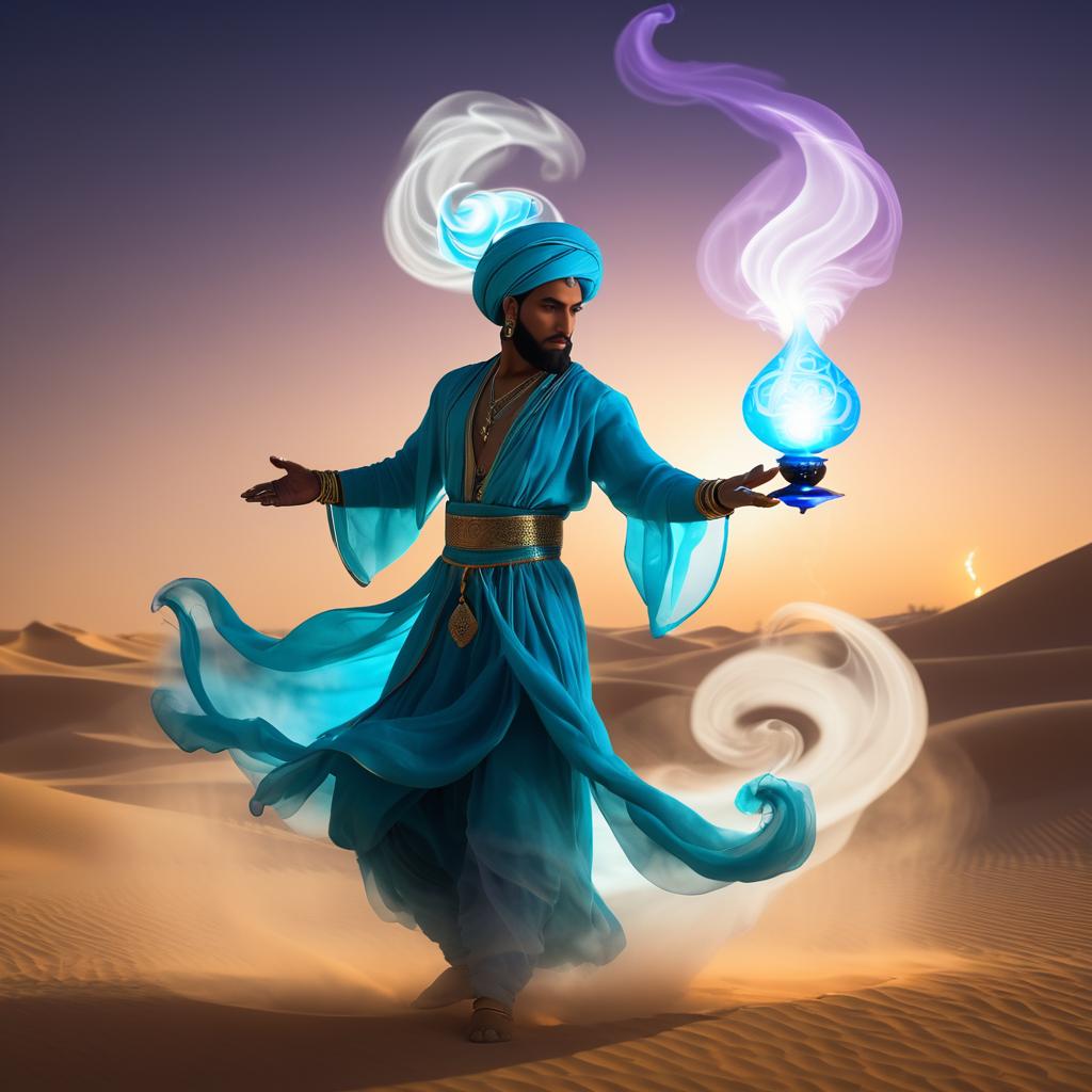 Enigmatic Male Djinn in Desert Scene