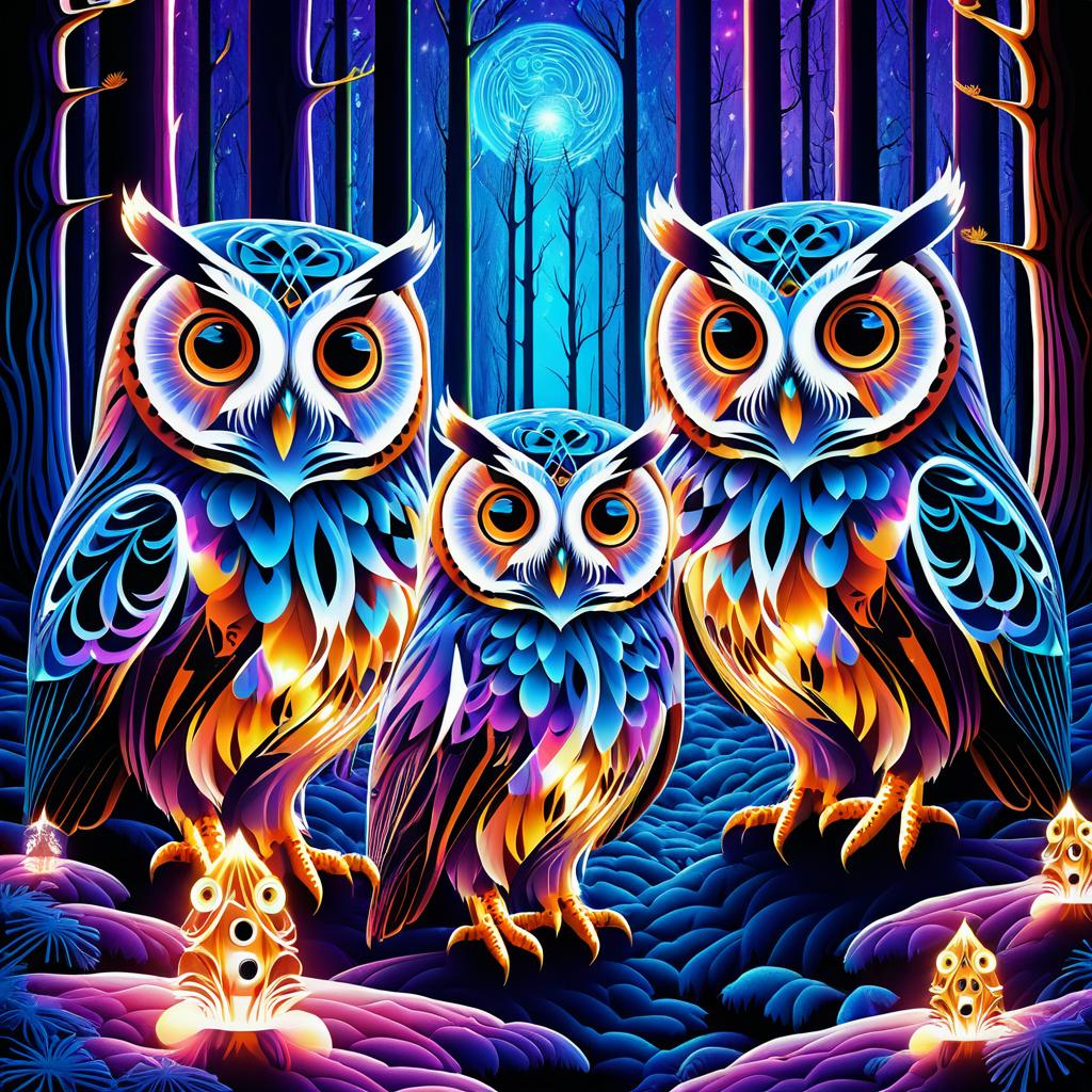 Surreal Psychedelic Owls in Glowing Forest