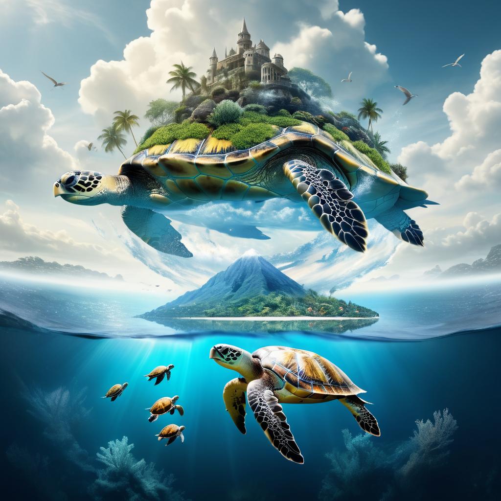 Surreal Double Exposure: Turtles and Oceans