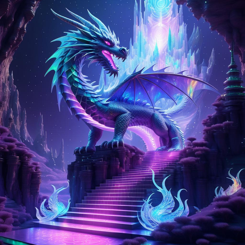 Holographic Dragon and Glowing Staircase Art