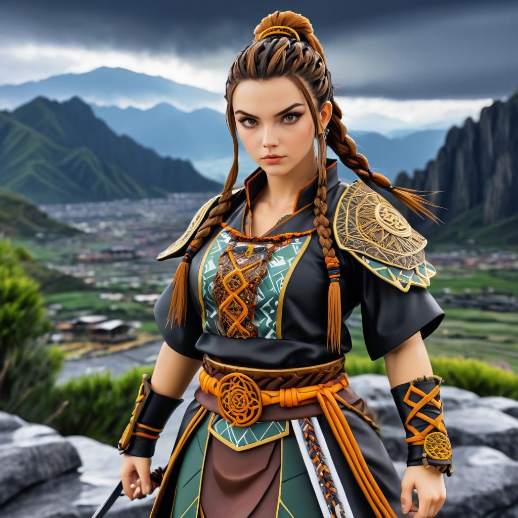 Anime Warrior Woman in Stormy Mountains