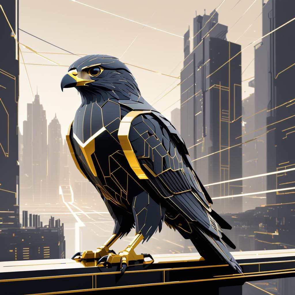 Monochrome Falcon in Dystopian Cityscape