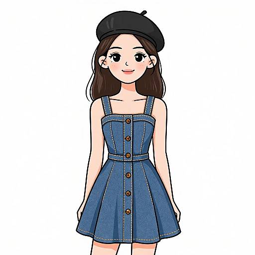 Digital illustration of a cute, fair-skinned Asian woman with long black hair, wearing a black beret and blue denim dress with brown buttons, smiling