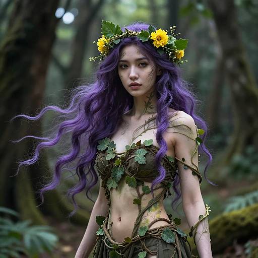 Digital fantasy artwork of a beautiful, fair-skinned woman with long purple hair, wearing a leafy, vine-adorned top, crowned with yellow