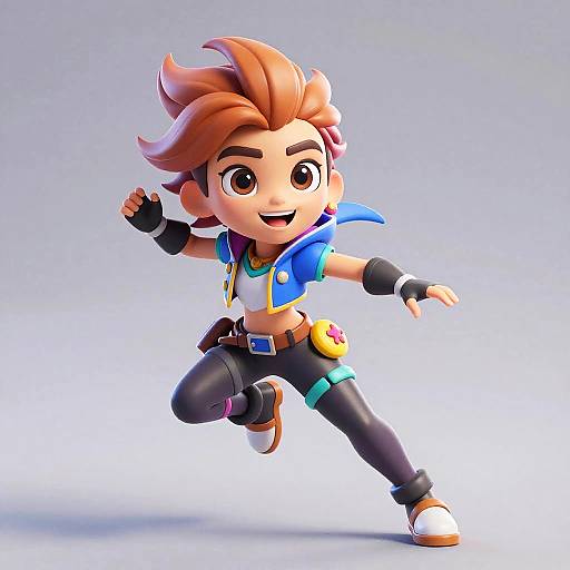 Chibi-style digital artwork of a cheerful, brown-haired boy with spiky hair, wearing a blue jacket, black pants, and fingerless gloves,