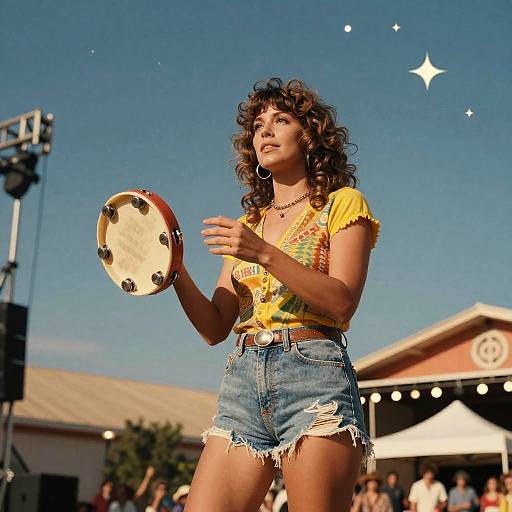 Photograph of a curly-haired woman in a yellow shirt and frayed denim shorts, playing a tambourine outdoors on a sunny day.