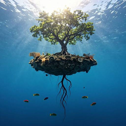 Serene Floating Island with Tree and Fish