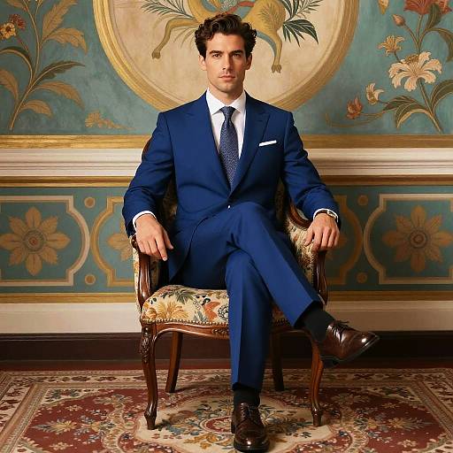 Photograph of a handsome man with dark hair, wearing a navy suit, white shirt, and black tie, seated on an ornate chair against a