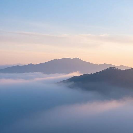 Photograph of a serene mountain landscape at dawn, with layers of misty clouds, blue sky, and soft pink and orange sunrise light.