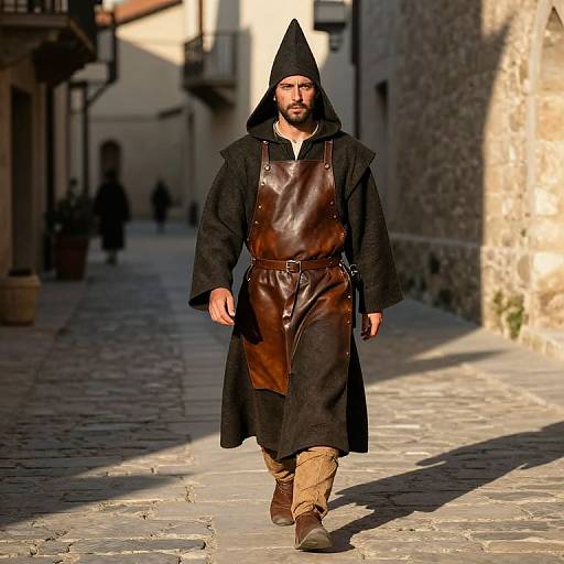 Photograph of a bearded man in medieval attire, black hooded cloak, brown leather apron, black sleeves, tan pants, brown boots,