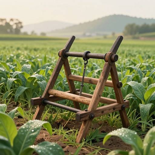 Photograph of a wooden irrigation tripod in a dewy green crop field at sunrise, with blurred distant trees and hills.