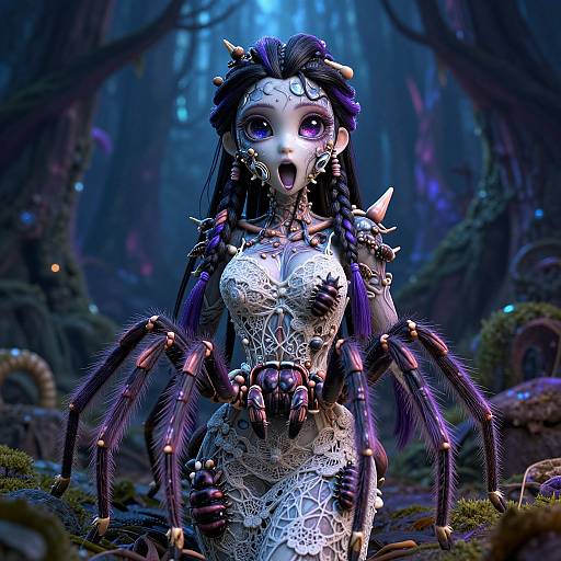 Digital artwork of a spider-woman with a white, lace-patterned bodysuit, black braided hair, and large, purple eyes in a