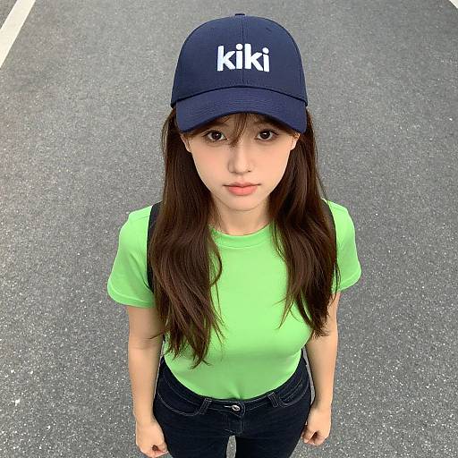 Photograph of an Asian woman with long brown hair, wearing a neon green shirt, black jeans, and a navy 