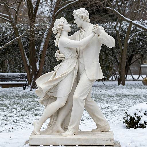 Photograph of a white marble statue of a dancing couple in a snowy park, with bare trees and a bench in the background.