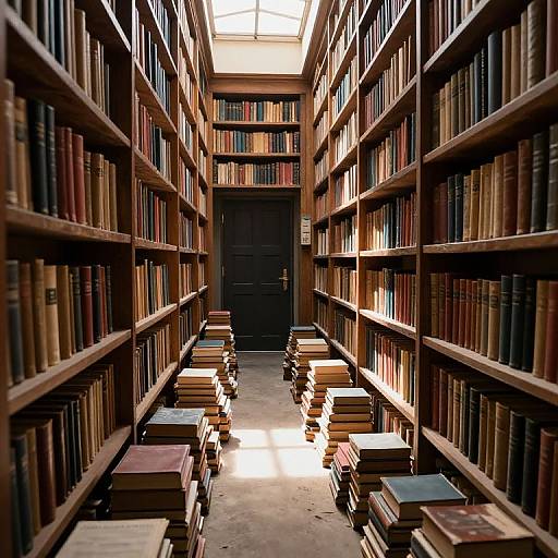Photograph of a narrow, well-lit library aisle with tall wooden bookshelves on both sides, stacked books on the floor, and a black