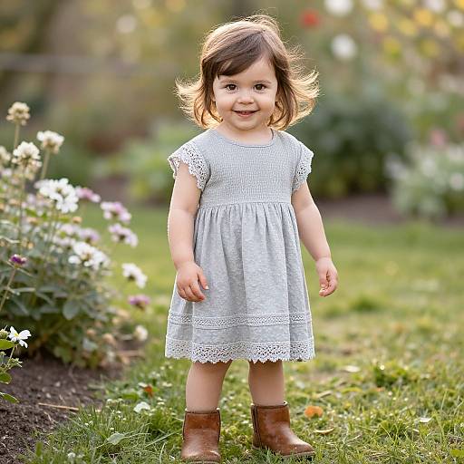 Photograph of a smiling young girl with light brown hair, wearing a white lace dress and brown boots, standing in a sunny garden with blooming flowers