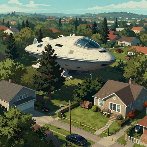 Aerial photograph of a suburban neighborhood with a large, white, saucer-shaped UFO hovering above trees and houses. Sunny, clear sky.