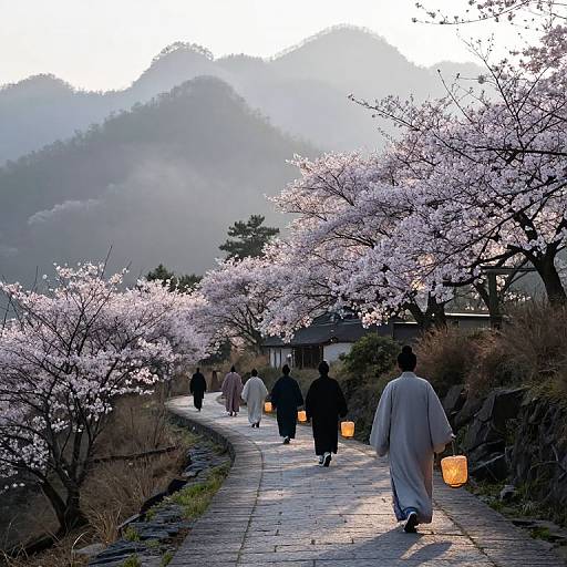 Serene Pilgrimage Through Misty Mountains