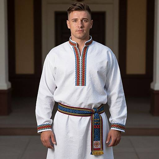 Photograph of a Caucasian man with short brown hair, wearing a white traditional Bulgarian shirt with colorful embroidery, standing in front of a dark doorway.