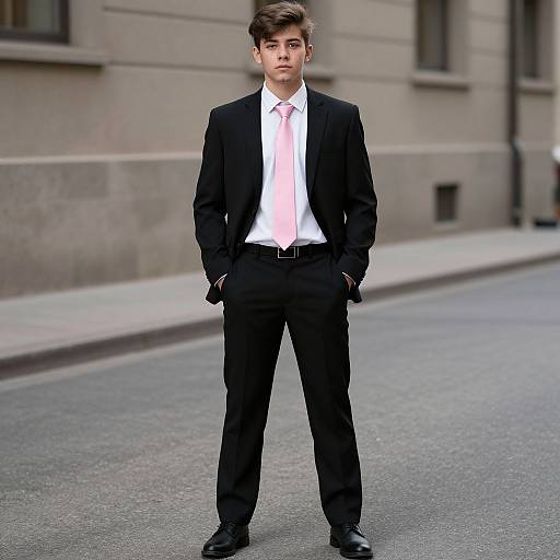Photograph of a young Caucasian man with short brown hair, standing confidently on a city street in a black suit, white shirt, and pink tie,