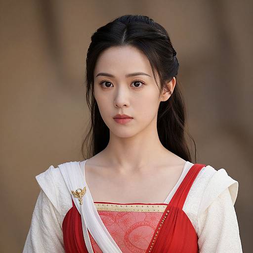 Photograph of an East Asian woman with long black hair, wearing a red dress with white and gold accents, against a blurred brown background.