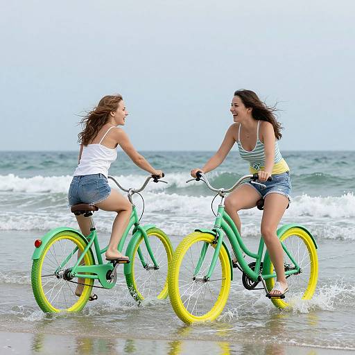 Photograph of two laughing, smiling young women riding green bicycles with yellow tires in the shallow waves at a beach.