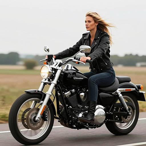 Photograph of a blonde woman with long hair, wearing a black leather jacket and jeans, riding a black Suzuki motorcycle on a rural road.