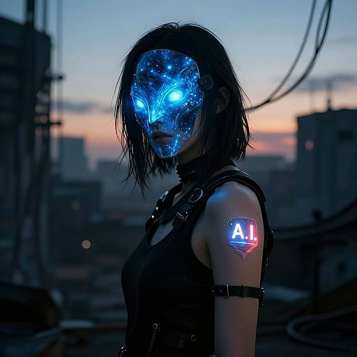 Digital artwork: Silhouetted woman with glowing blue cybernetic face, wet black hair, wearing dark harness, 