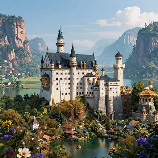 Photograph of a grand, fairytale-like castle with multiple towers, surrounded by lush greenery, a serene lake, and towering mountains under a