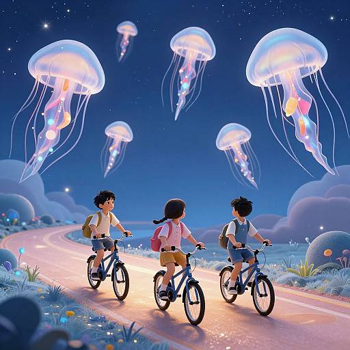Digital artwork of three children riding bicycles at night on a glowing road, surrounded by floating, colorful jellyfish in a starry sky.