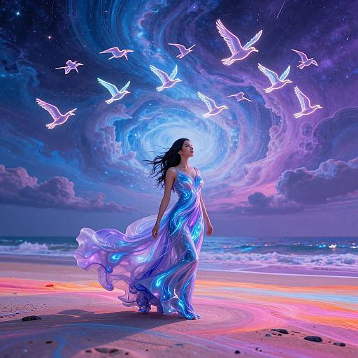 Digital art of a woman with flowing purple-blue dress, standing on a beach, surrounded by glowing birds and swirling, magical sky.