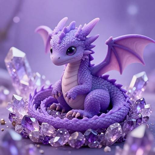 Cute, purple, digital CGI dragon with big eyes, small wings, and textured scales sits amidst sparkling, purple crystals in a glowing, ethereal