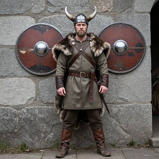 Photograph of a bearded man in Viking armor with horned helmet, fur-trimmed green tunic, and brown boots, standing in front