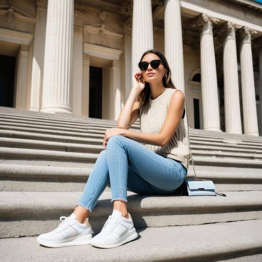 Young Woman Sitting on Stone Steps in Front of Classical Building